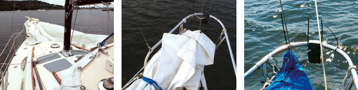 Most of the time, once the downhaul is made fast in the cockpit, the sail will stay where it dropped on the foredeck, at left. Cliff can then secure it to the pulpit and lifelines at his leisure, center, and stow it in its bag, at right. (The wire ties help keep terns off the pulpit.)