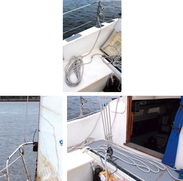 When preparing to hoist the jib, Cliff sets the downhaul tail on the cockpit seat, above center, so it will run free when he raises the sail. A stanchion block on the pulpit leads the downhaul aft, at left. Before dropping the jib, Cliff fakes out the halyard in the cockpit, at right.