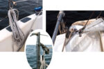Cliff stows the downhaul line on a stanchion cleat at the cockpit, far left. The downhaul leads through stanchion blocks, inset, all the way to the bow pulpit. He clips it to the head of the sail with a snap shackle, above.