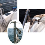 Cliff stows the downhaul line on a stanchion cleat at the cockpit, far left. The downhaul leads through stanchion blocks, inset, all the way to the bow pulpit. He clips it to the head of the sail with a snap shackle, above.