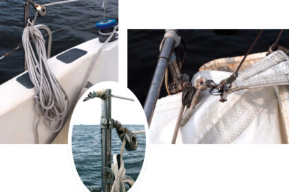 Cliff stows the downhaul line on a stanchion cleat at the cockpit, far left. The downhaul leads through stanchion blocks, inset, all the way to the bow pulpit. He clips it to the head of the sail with a snap shackle, above.