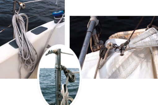 Cliff stows the downhaul line on a stanchion cleat at the cockpit, far left. The downhaul leads through stanchion blocks, inset, all the way to the bow pulpit. He clips it to the head of the sail with a snap shackle, above.