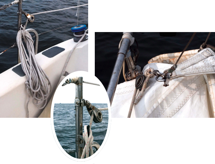 Cliff stows the downhaul line on a stanchion cleat at the cockpit, far left. The downhaul leads through stanchion blocks, inset, all the way to the bow pulpit. He clips it to the head of the sail with a snap shackle, above.