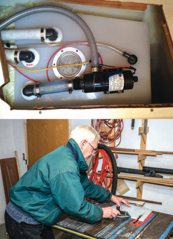 Homer made his new holding tank to fit under the V-berth with all the fittings accessible, at top. He used polypropylene sheet, which can be cut on a table saw using a carbide-tipped blade, above.
