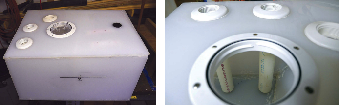 Before welding the tank top in place, Homer installed the pipe fittings, at left, and the inspection port, at right, that allows a look inside.