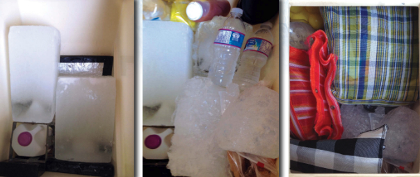 Paul and Arlie place frozen meats on top of the insulation in the bottom of the icebox and load block ice on top of them, at left. The milk cage is in the front corner because the icebox bottom slopes that way. They then lay food items that must be kept very cold in direct contact with the ice blocks, center. The plastic bags go on top to fill the air space, at right. The bags contain smaller packages and items that need not be kept icy cold. Paul and Arlie pack the bags according to a color code — look for the celery in the green bag.