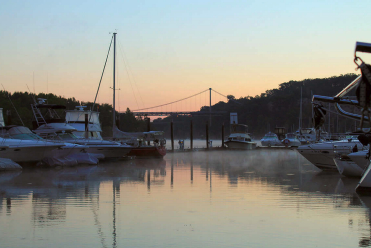 When the Rondout Creek tide gauge was measuring currents well over 2 knots, at top, the water in the marina looked perfectly still, at left.