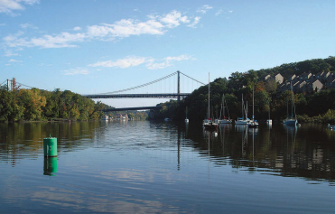 Rondout Creek enters the Hudson at Kingston, New York, at top. When the current runs strong, the green can leans downstream trailing a wake like a tugboat’s.