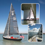 Nathanael Herreshoff knew how to make a boat look good and sail fast, so it’s no surprise the Alerion Express 28, main photo, drew its inspiration from The Wizard of Bristol, who would have appreciated the technology in the eye-catching carbon fiber sails on Stephen Neumer’s Dress Blue, upper inset. In the absence of lifelines and stanchions, the view from the helm is of a clean foredeck, lower inset.