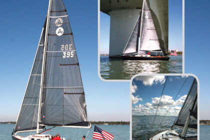 Nathanael Herreshoff knew how to make a boat look good and sail fast, so it’s no surprise the Alerion Express 28, main photo, drew its inspiration from The Wizard of Bristol, who would have appreciated the technology in the eye-catching carbon fiber sails on Stephen Neumer’s Dress Blue, upper inset. In the absence of lifelines and stanchions, the view from the helm is of a clean foredeck, lower inset.