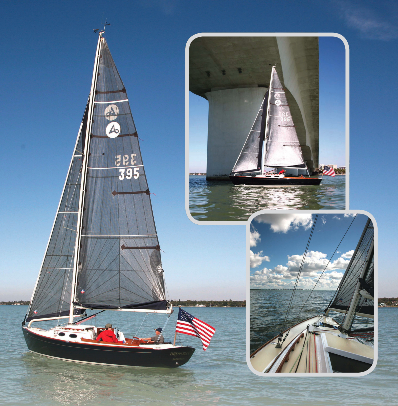 Nathanael Herreshoff knew how to make a boat look good and sail fast, so it’s no surprise the Alerion Express 28, main photo, drew its inspiration from The Wizard of Bristol, who would have appreciated the technology in the eye-catching carbon fiber sails on Stephen Neumer’s Dress Blue, upper inset. In the absence of lifelines and stanchions, the view from the helm is of a clean foredeck, lower inset.