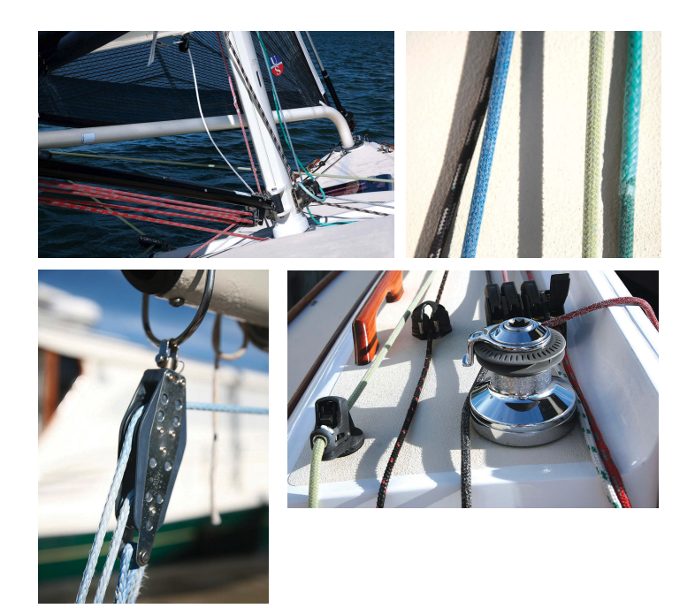 Performance improvements are in the details. The Hoyt Jib Boom, above left, controls twist in the jib by maintaining tension in the leech when the sheet is eased. Lightweight control lines, above right, get even lighter when the covers are removed (green line at right) where not needed for handling. The multi-part mainsheet, at left, makes trim adjustments easy, and with all the control lines led aft along the cabintop, below, the sails can be set and trimmed from the cockpit.