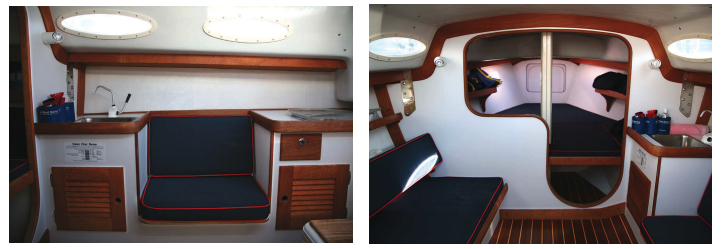Dress Blue was designed as a daysailer, and that’s how Stephen uses her, but she does have basic (and discreet) facilities, at left, for those who wish to stay out all day. The V-berth, at right, could be used for naps or overnights. The decor is typical of the Herreshoff style.