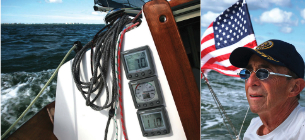 For a 28-foot sailboat, 7 knots is an impressive speed, at left, fast enough to create white water and put a smile on the face of Dress Blue’s owner, Stephen Neumer, below.