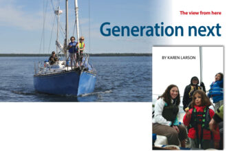 Opti-student twins Violet and Henry get a feel for a big boat, above. Jerry Powlas and the “adopted” grandkids (from left) Avital, Matilda, and Maggie, at right.