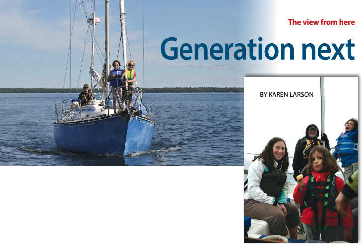 Opti-student twins Violet and Henry get a feel for a big boat, above. Jerry Powlas and the “adopted” grandkids (from left) Avital, Matilda, and Maggie, at right.