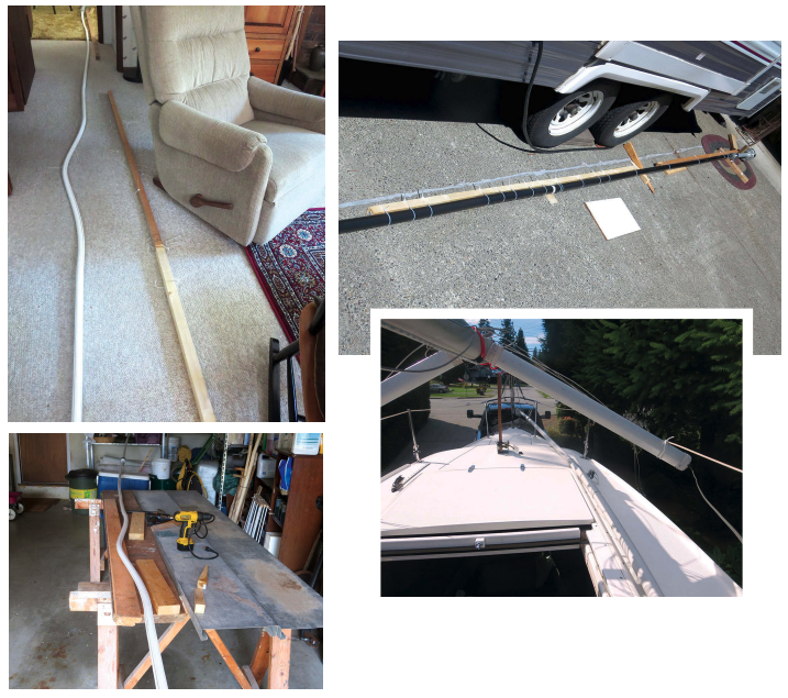 Strapping it to 2 x 2s in the family room did not straighten the snake-like furler, above left, nor did baking it inside a black PVC tube on the driveway, above right, or a heat gun in the garage, below. The storage tube allows no bending, at right.