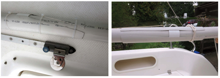 Because the 28-foot tube needed to store the extrusion would not fit on the trailer, Henk permanently joined two 10-foot lengths of tubing with a collar and zip ties, at left, and joins an extra 8 feet to it temporarily when the furler is inside it for trailing and storage, at right.