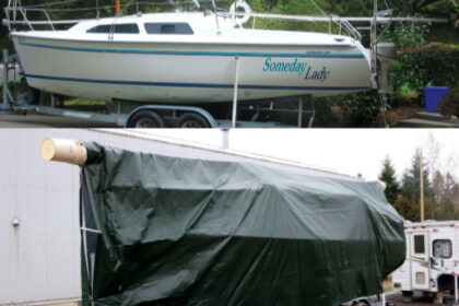 Unsupported inside the dark tarp oven, at left, the furler extrusion had warped. Now stored inside its stiff storage tube, it lays along the deck of Someday Lady, top of page.