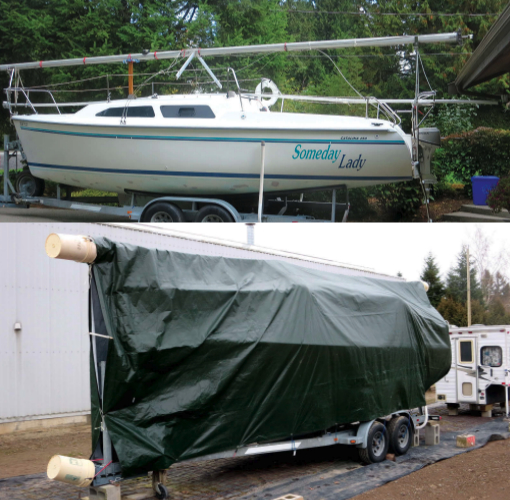 Unsupported inside the dark tarp oven, at left, the furler extrusion had warped. Now stored inside its stiff storage tube, it lays along the deck of Someday Lady, top of page.