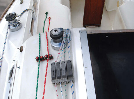 Joe sails singlehanded much of the time, and with his new mainsheet traveler control lines he can easily make adjustments to mainsail trim without leaving the wheel.