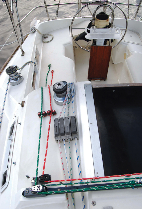 Joe sails singlehanded much of the time, and with his new mainsheet traveler control lines he can easily make adjustments to mainsail trim without leaving the wheel.