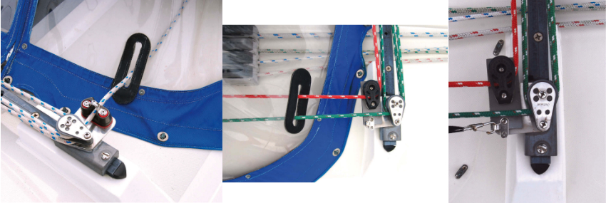 The cam cleats for the traveler control lines were too far forward for Joe to easily release the lines, above. He removed the port-side cam cleat and led the line to the starboard side and through a cheek block, above right, so the port and starboard lines run side by side, at right.