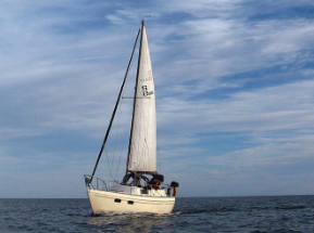 Brian wonders, “How come the only time people take pictures of our boat, we’re not really sailing?” She’s lot of boat in a small package, he says, and she sails better than she looks.