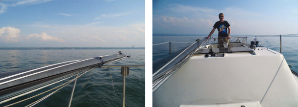 As Take Time took leave of the U.S.A. bound for Canada, at left, Matt, at the helm, enjoyed flat water on Lake Erie, rare in mid-May, at right.