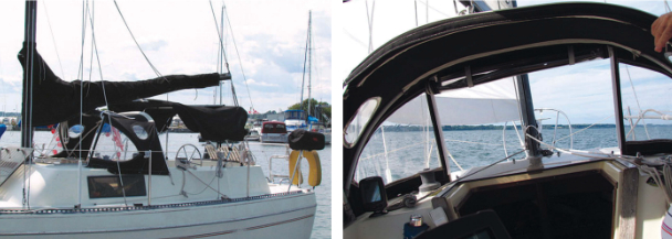 In her new home, and with a new name, Karma is rigged and ready to sail, at left. It doesn’t take much wind to get Karma moving, at right.