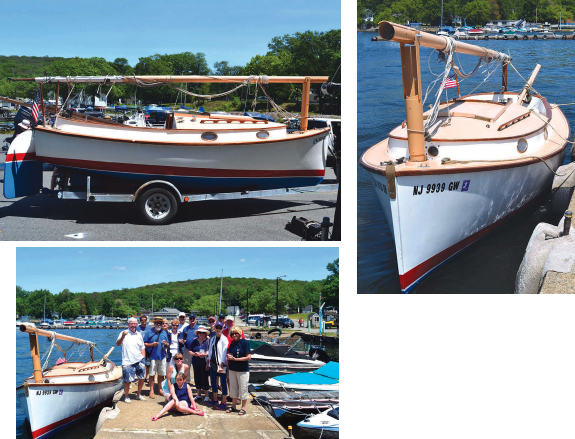 Katnip, resplendent after her rapid refit, awaits her launching at the ramp, above left. The tabernacle, above right, is a very useful addition for trailering and ducking under bridges. Katnip’s helpers and friends raised a glass at her launching, at left.
