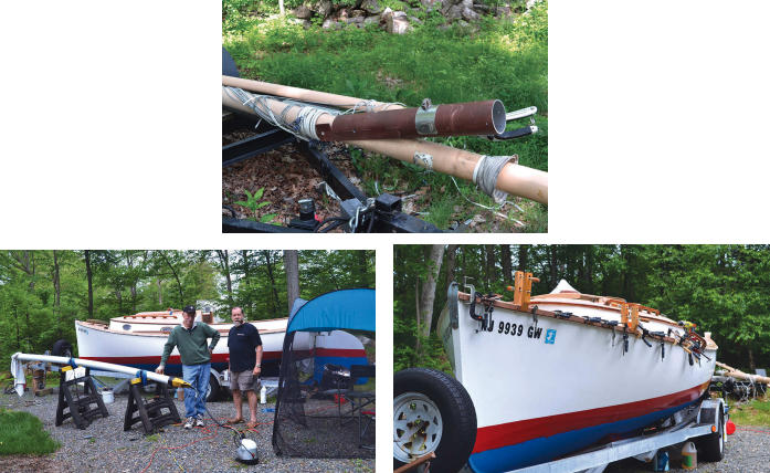 Before cutting the mast, George test-fit the tabernacle to avoid errors, above center. Joe Gerard and Bob Keppel, above left, set up the steaming tube for the mahogany strips that would become the rubrail. Installing the rubrail required the use of many clamps, above right.
