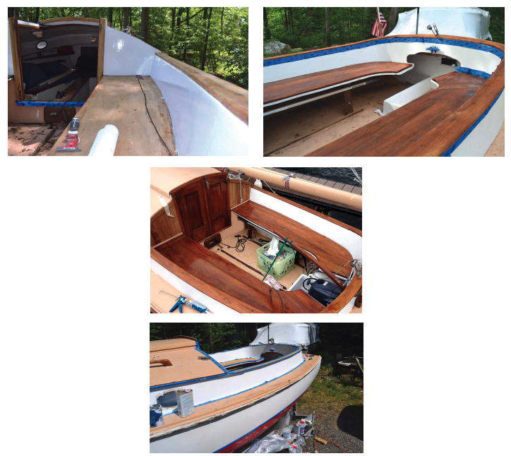 Splits in the cockpit seats, above left, needed repairing before they could be refinished, but they and the coaming caps looked fine when coated with Cetol, above right. George added teak panels beside the companionway doors, at left, and with his friend Joe, painted the cabin sides and cockpit, lower left.