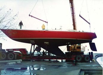 The keel of the custom C&C 66, Phantom, seen here being launched in Bronte, Ontario, in the early 1970s, has the extreme sweep typical of C&C designs of that period.