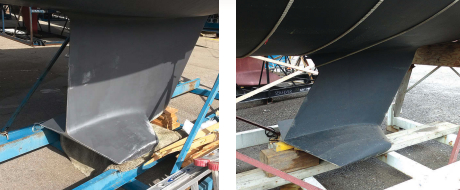 Even C&C adopted wings in the late 1980s, as seen in the “moderate” wings on the shoal-draft keel for a C&C 37/40, at left. The most extreme variant of the wing keel was the Hydrokeel, which could be justifiably described as “more wing than keel.” It did certainly lower the CG of the keel and thus increased stability in a shoal-draft boat, at right.