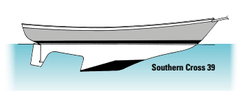 The Southern Cross 39 is an example of a designer, in this case Thomas Gillmer, seeking the performance advantage of a separate keel and rudder on a cruising design while the rudder remains attached to a fixed skeg, the residual trailing edge of the full keel.