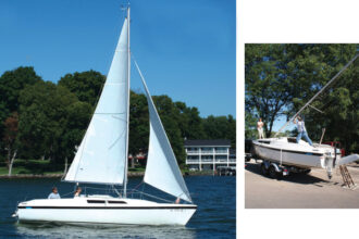 Allen and Ruth Penticoff sail Thebote, their MacGregor 26D, main picture, wherever they feel like trailering her. One big factor enabling them to do so is the relative ease with which they can raise the mast, above.
