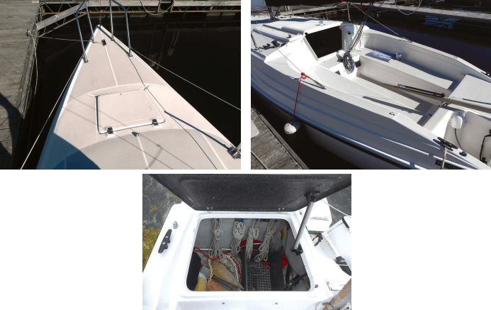 The foredeck of the 26D is unusually clean, above left, but could benefit from a larger mooring cleat and chocks to keep the docklines and anchor rode off the molded-in toerail. The nicely sculpted cockpit, above right, has tall backrests, an outboard motor well, and a bridge deck to keep water out of the cabin. The lazarette, below, is a good place to store docklines, a spare anchor, and other gear.
