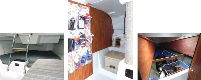A large area under the cockpit, at left, is intended to be a generously proportioned berth, but it is often filled with sails, personal effects, and other gear. Allen and Ruth store toiletries and sundries in clever hanging pockets on the back of the door that closes off the portable toilet forward of the daggerboard trunk, center. They store fenders and ground tackle in the huge space under the V-berth, at right.
