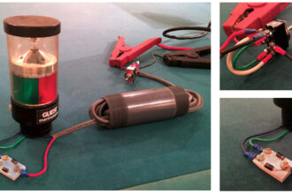 John made this model of his two-wires-into-three trick for demonstration purposes — he happened to have the Guest combination light lying around. The PVC tube represents the mast with the wires running through it, above left. One wire leads from the switch to the diodes, the other to the common return in the fixture. For this demo, John used colored wires for clarity, not to meet any code. The power supply is connected to the center tabs on the DPDT switch, upper right. The end tabs are cross connected so the polarity is opposite in the two “on” positions. Again, the wire colors are for clarity. The gray ends of the diodes point in opposite directions. The polarity of the wire at the common connection determines through which circuit electricity will flow. (The diodes could be arranged to fit inside some light fixtures.)