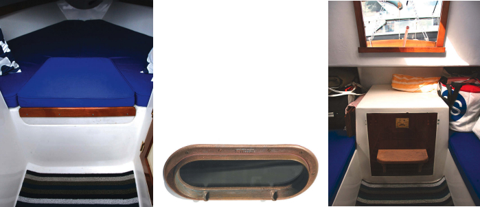 Simple also describes the Sea Sprite’s interior, which Joel and Lynne simplified even further by removing cruising clutter. Ms Lynne G has a V-berth, at left, and a pair of settees, at right. Bronze opening ports, below, replaced plastic deadlights.