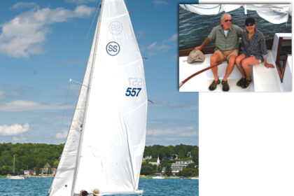 Although they live in New York, Joel and Lynne Schuman, above, keep Ms Lynne G, at left, in Door County, Wisconsin, and sail her there during their summer visits.