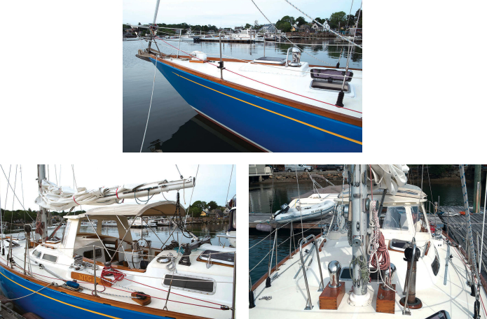 Mark fitted a new anchor roller, electric windlass, hatch cover, and Dorade on the flush foredeck, above center. The blue hull makes Mug Up a striking sight. The center cockpit of the Bowman 46 rides low, at left, so the motion at sea is easy. Sissy bars at the mast, new stainless-steel Dorade vents on new boxes, and the Charlie Noble for the wood-burning stove create a purposeful look on deck, at right.