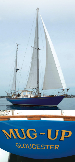 Even in her least favorite conditions, light air, Mug Up strikes an eye-catching stance in Gloucester Harbor, above. Give her some heavy air and sea room, Mark says, and she’s off like a thoroughbred. The name is appropriate to the hailing port, at right. “Mug up” was the Gloucester fishermen’s break for coffee — perhaps with a dollop of rum on cold days.