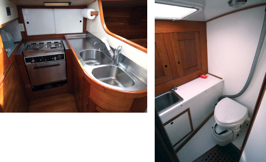Mark designed the galley countertop with its integral sinks, near right, and had it custom welded in stainless steel. He sculpted the teak surround. The composting toilet in the newly refinished head, far right, eliminates the need for a holding tank and its associated odors.
