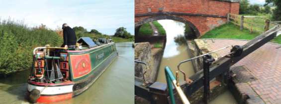 A man and his dog pass in a boat with the “trad” cockpit layout, above. Bridges and locks are often close together, at right. The locks’ gate paddle mechanism is ancient in design and simple.