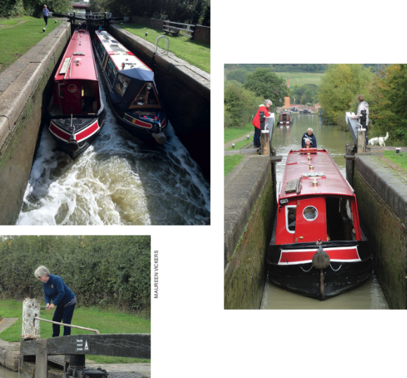 Our novice narrowboaters share a double lock when upbound on the Grand Union, top left. Water swirls in vigorously as the ground paddles are opened. Za closes the ground paddles before closing the gates after the boats depart the lock, at left. John guides the narrowboat into a single lock with inches to spare, above, as Za (in red), looks on. Once the boat was inside, she closed the gates with the help of a lock crew from a boat waiting to lock down.
