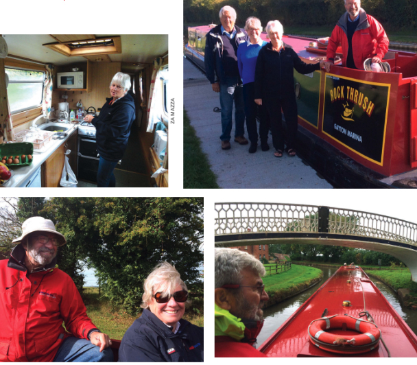 Maureen prepared a full English breakfast each morning, above left. At the end of the cruise, the crew of Rock Thrush — John, Za, Maureen, and Rob — was still smiling and talking to each other, above. Rob and Za, at left, traded “watches” with Maureen and John. The tight turn from the Grand Union to the narrower Oxford Canal at Napton Junction, tested the novices’ skill, below.