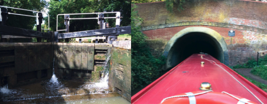 A hazard when locking down is the cill beneath the upper gates, above. The rack-and-pinion mechanisms for the gate paddles are mounted on top of the gates. Entering the 2,000-yard Braunston Tunnel is a bit daunting — the photo doesn’t show the tiny white speck of light at the other end, at right. Although difficult to believe from this photo, the tunnel was built to allow two 7-foot-wide boats to pass each other, but with only inches to spare.