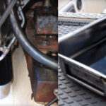 The basting pan does what it was made to do, but under an engine instead of a turkey, top left. It’s a boon at oil-change time, above.